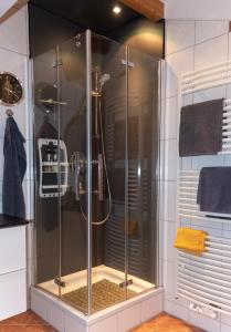 a shower with a glass door in a bathroom at Moderne, gemütliche DG-Wohnung in ruhiger Lage in Neunburg vorm Wald +32 photos