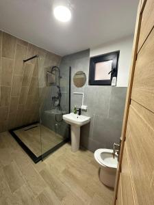 a bathroom with a toilet and a sink and a shower at Cabana Cerbului in Cluj-Napoca