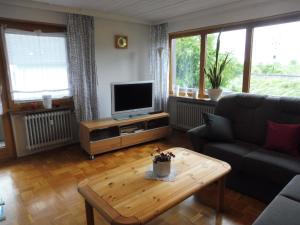 ein Wohnzimmer mit einem Sofa und einem TV in der Unterkunft Bobis Ferienwohnung in Wildpoldsried