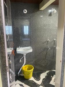 y baño con lavamanos, ducha y cubo. en Nisarga Homestay, en Gokarna