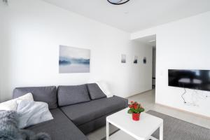 een woonkamer met een grijze bank en een tafel bij Lumiapartment1 in Rovaniemi