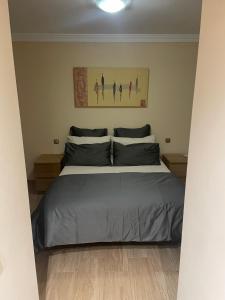 a bedroom with a large bed with gray sheets at Apartamento en Plaza del Charco in Puerto de la Cruz