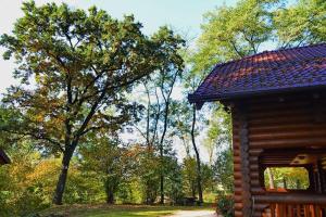 une cabane en rondins avec des arbres en arrière-plan dans l'établissement Luxury Chalet at Podlipje Estate, 