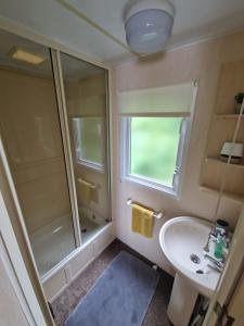 a bathroom with a shower and a sink and a toilet at Caravan F7 Aberystwyth holiday village in Aberystwyth