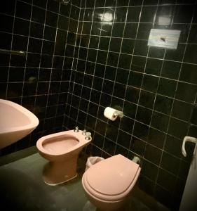 La salle de bains est pourvue de carrelage vert, de toilettes et d'un lavabo. dans l'établissement HOTEL MORASHÁ, à Mar del Plata