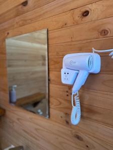 secador de pelo colgado en una pared junto a un espejo en Punta de Choros Lodge en Punta de Choros