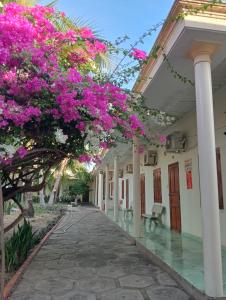 a street with bougainvillea hanging from a building at Homestay Nhật Thi in Mui Ne