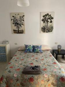 ein Bett in einem Schlafzimmer mit zwei Gemälden an der Wand in der Unterkunft Oasis in Las Palmas de Gran Canaria