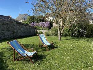 two chairs sitting in the grass in a yard at 213 - Charmante maison en bois à moins de 2km de la plage de Sables-D'or-Les-Pins in Plurien