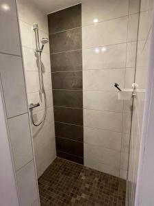 a shower with a glass door in a bathroom at Kleine Freiheit in Jübek +11 photos