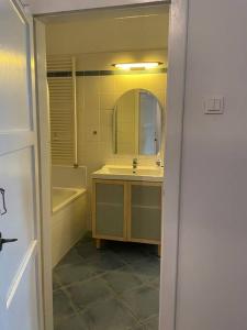 a bathroom with a sink and a mirror and a tub at Geräumige Altbauwohnung im Zentrum in Graz