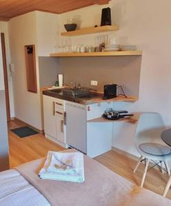 una pequeña cocina con fregadero y mesa en Ferienwohnung Alpenglühen - mit Sauna & Frühstück en Schliersee