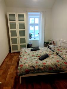 1 dormitorio con 1 cama con 2 almohadas en Nice room with double bed in zizkov, en Praga