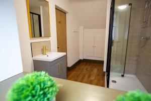 a bathroom with a sink and a shower at RWST Holiday Lodges in Llanrwst