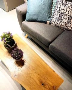 Almond في بئر السبع: طاولة قهوة خشبية مع اثنين من النباتات الفخارية بجانبها أريكة