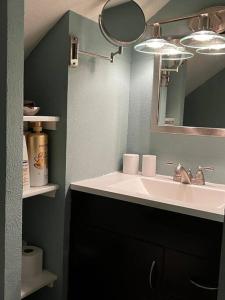 a bathroom with a sink and a mirror at Knight Campbell Carriage House in Denver