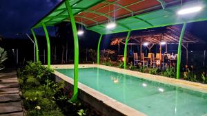 a swimming pool at night with a green canopy at Wooden Kemiren Homestay Banyuwangi in Banyuwangi