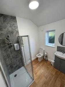 a bathroom with a shower and a toilet and a sink at New Build Cosy Bungalow near Bath and Bristol in Wick