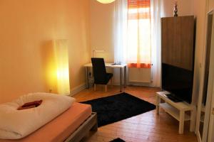 ein Wohnzimmer mit einem Sofa und einem TV in der Unterkunft ApartInn in Mannheim