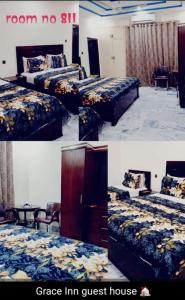 twee foto's van een kamer met drie bedden en een huis bij Hotel Sky Inn Clifton in Karachi