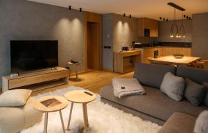 a living room with a couch and a tv and a kitchen at ISARD RESIDENCES & SPA by Vip Residences in El Tarter