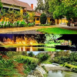 dos fotos de una casa y un jardín con un estanque en Kis-Tisza Apartmanházak Tokaj- hegyalja en Tiszaladány
