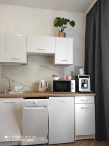 a white kitchen with white cabinets and a microwave at Apartament Dawna Mleczarnia Apartament Sosnowy in Nowa Ruda