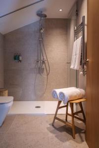 uma casa de banho com um chuveiro e um banco ao lado de um WC em ISARD RESIDENCES & SPA by Vip Residences em El Tarter