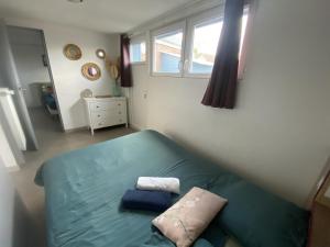 a small bedroom with a green bed and a window at Le Jardin de Sasha in Équemauville