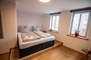 ein kleines Bett in einem Zimmer mit zwei Fenstern in der Unterkunft Haus Harry in Eisenach