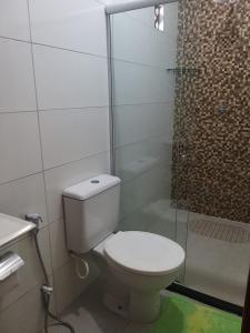 La salle de bains est pourvue de toilettes et d'une douche en verre. dans l'établissement Propriedade patolo, à São Miguel dos Milagres