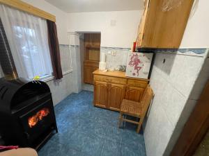 a kitchen with a fireplace in a room at Cabana SVA in Bilbor