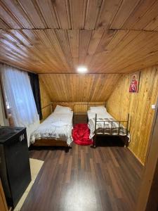 a small room with two beds in a wooden cabin at Cabana SVA in Bilbor