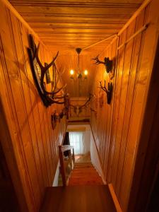 a hallway in a cabin with a chandelier and antlers at Cabana SVA in Bilbor