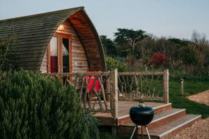 a small log cabin with a porch and a grill at Eco Pod 1 At Tapnell Farm in Yarmouth