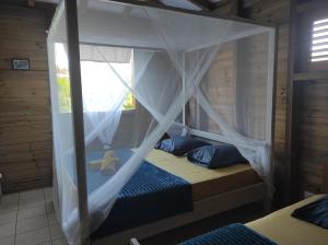 una camera con letto a baldacchino e finestra di Le Tri Haut de Bellevue - Bungalow Héliconia a Pointe-Noire