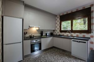 una cocina con electrodomésticos blancos y una ventana en Can Vilardell, en Ripoll