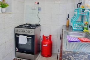 a kitchen with a stove and a red fire hydrant at 3 bedroom furnished apartment at Kings Square in Eldoret