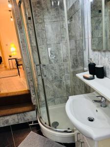 La salle de bains est pourvue d'une douche, d'un lavabo et de toilettes. dans l'établissement Willesden J Guest Home 4, à Londres