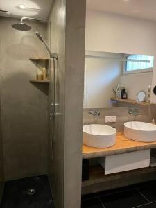uma casa de banho com 2 lavatórios e um chuveiro em Joli logement 6 à 8 pers avec terrasse La Cigale em Orbey