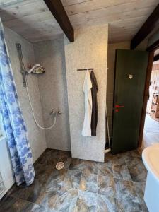 a bathroom with a shower and a green door at Charmerende sommerhus in Ringkøbing