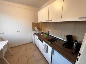 een kleine keuken met witte kasten en een wastafel bij Optimale Monteursunterkunft in Remscheid