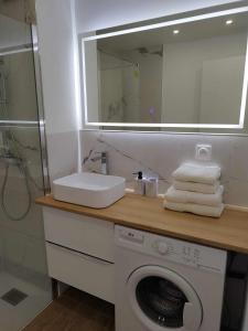 a bathroom with a washing machine and a mirror at Appartement moderne refait à neuf - 4 couchages - MENTON in Menton
