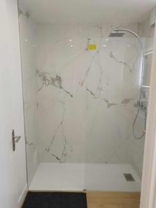 La salle de bains est pourvue d'une douche et d'un mur en marbre. dans l'établissement Appartement moderne refait à neuf - 4 couchages - MENTON, à Menton