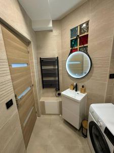 La petite salle de bains est pourvue d'un lavabo et d'un miroir. dans l'établissement Appartement moderne au centre-ville, à Saint-Denis