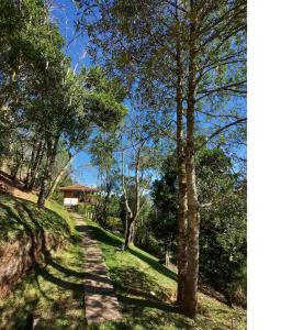 a path in a field with trees and a house at Alto de Santa Barbara in São Francisco Xavier