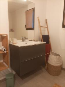 W łazience znajduje się umywalka i lustro. w obiekcie Maison neuve proche de la plage 3 chambres / accès PMR / Parking w mieście Ploemeur