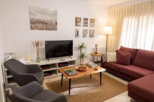- un salon avec un canapé et une télévision dans l'établissement Ca la Pauleta, à Sant Hilari Sacalm