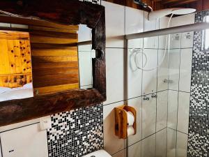 ein Bad mit einer Dusche, einem WC und einem Spiegel in der Unterkunft Altos da Serra in São José dos Ausentes