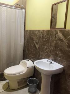 La salle de bains est pourvue de toilettes et d'un lavabo. dans l'établissement Casa - Hospedaje Munay Ki - Yoga -, à Pisco